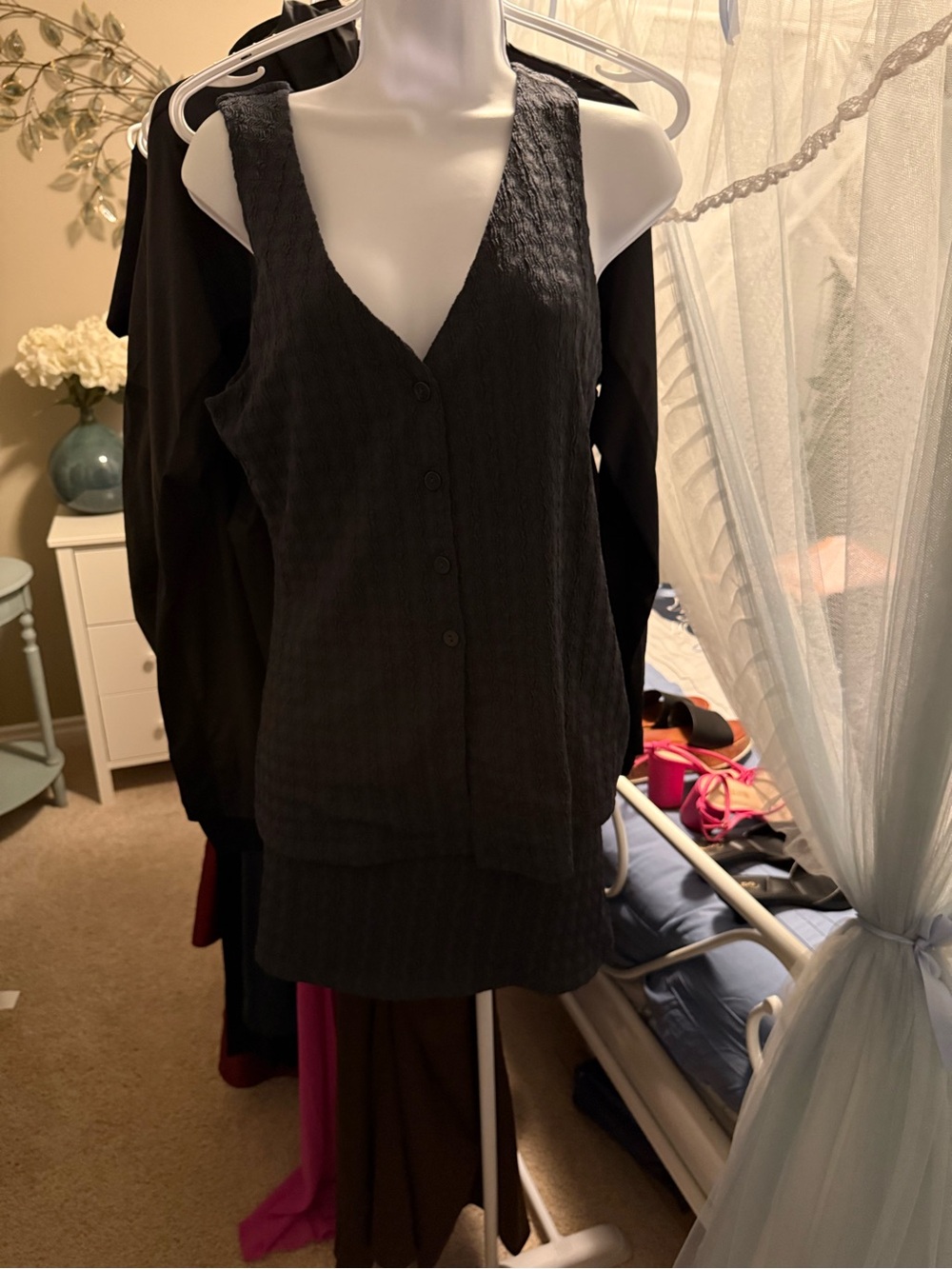 Women’s Black Button-Front Textured vest with matching mini skirt